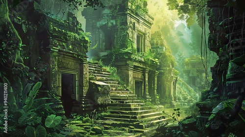 An ancient temple overgrown with lush greenery in a jungle setting.