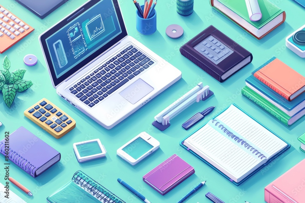 Illustration of educational learning tools set on table created with Generative AI Illustration of educational learning tools set on table created with Generative AI