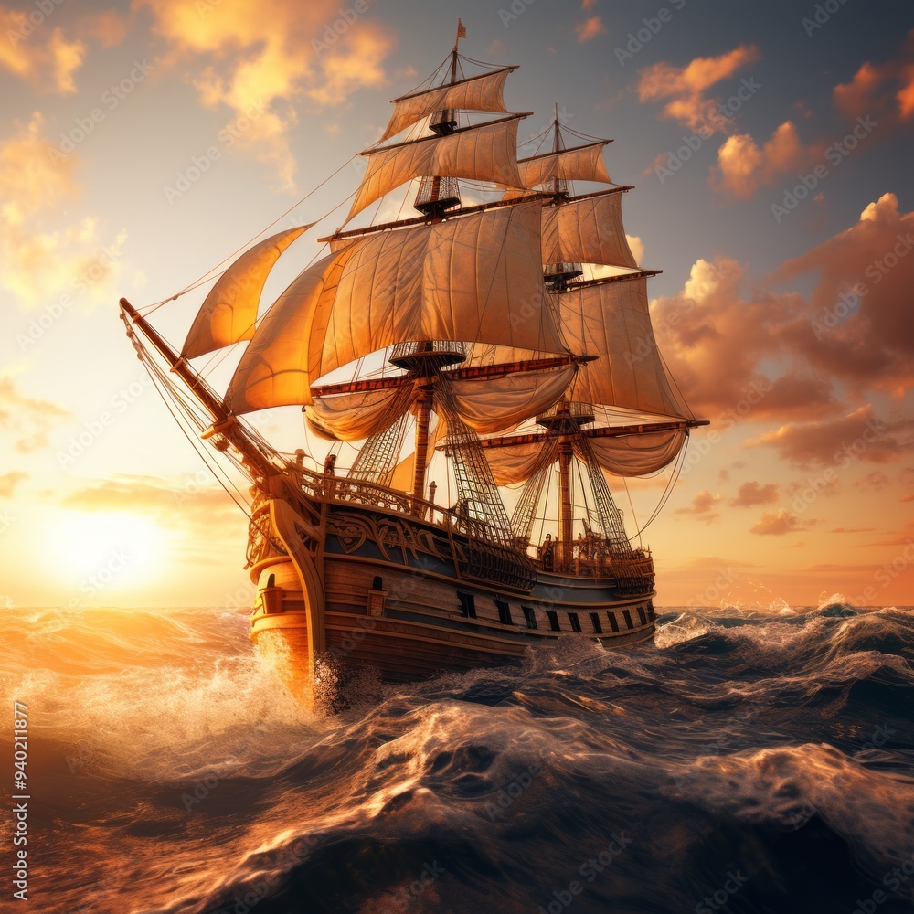 Fototapeta premium Coastal Realism Intricate Sailing Ship in Oceanic Art