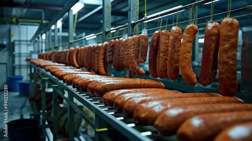 Sausage production line in a modern facility showcasing freshly made sausages in various stages of processing