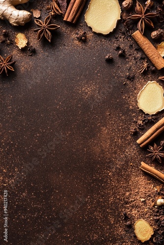 A rustic brown background with a border of ginger, cinnamon sticks, star anise, and cloves. photo