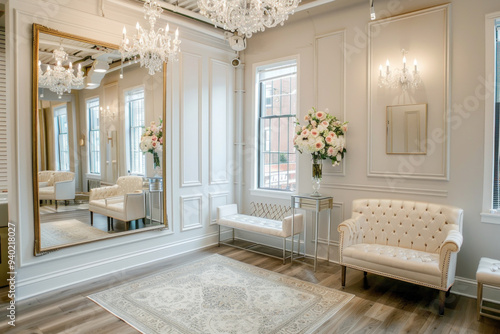 A room with ivory wallpaper, ceiling molding, and a chandelier. Includes a loveseat, couch, vases, window curtains, and a view of the floor and window.