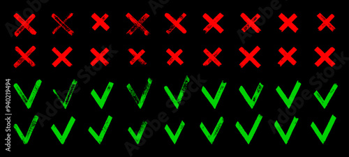 Red and green wrong right signs. Bright color crosses and V sighs brush strokes. Vector set of hand-painted right wrong icons. Abstract hand-drawn Yes and No symbols. All elements are isolated