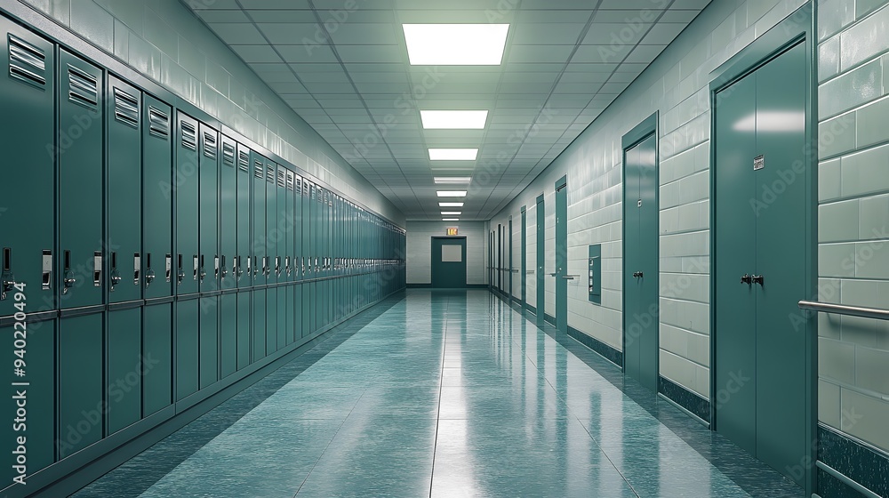 A quiet school hallway featuring rows of closed lockers and a large empty wall area, ideal for inserting a back-to-school message or graphic A quiet school hallway featuring rows of closed lockers and a large empty wall area, ideal for inserting a back-to-school message or graphic