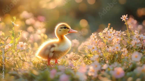 Adorable duckling strolling through a flowerfilled meadow, bathed in soft, golden sunlight photo