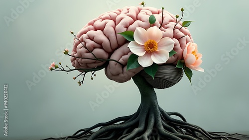 Human brain tree with flowers, self care and mental health concept, positive thinking, creative mind photo