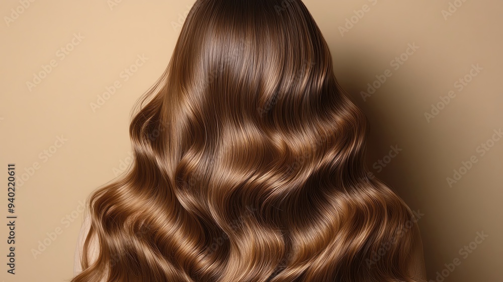 Back view of a woman with long, wavy, glossy brown hair against a beige backdrop Back view of a woman with long, wavy, glossy brown hair against a beige backdrop