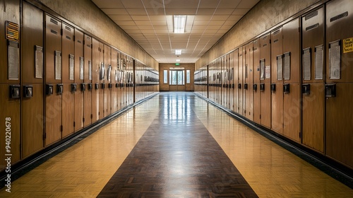 A quiet school hallway featuring rows of closed lockers and a large empty wall area, ideal for inserting a back-to-school message or graphic