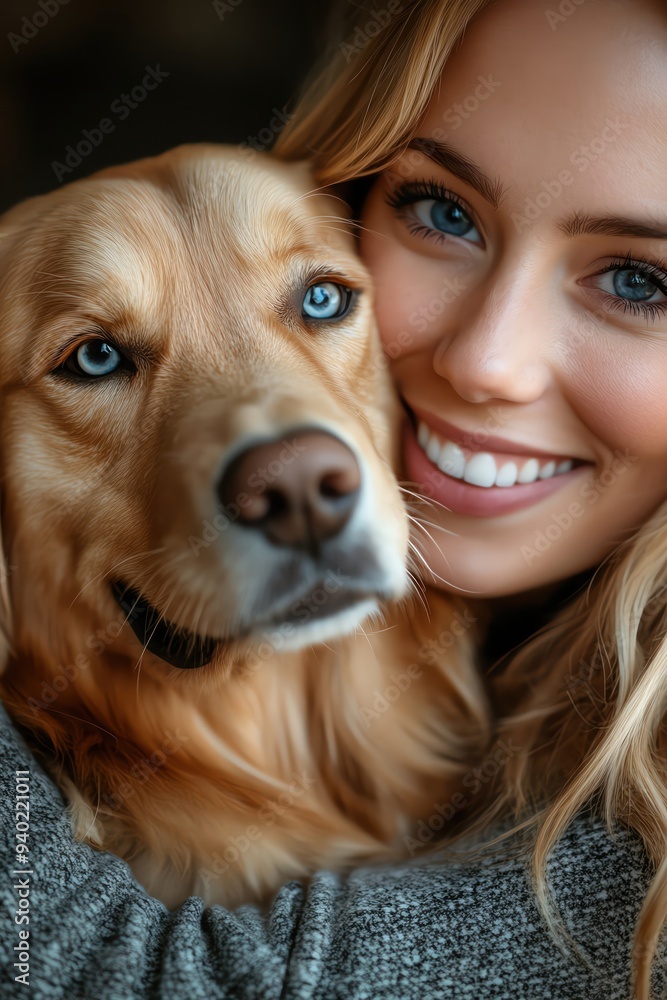 Closeup of a woman hugging her Golden Retriever, both smiling with bright blue eyes, soft natural light from a window Closeup of a woman hugging her Golden Retriever, both smiling with bright blue eyes, soft natural light from a window