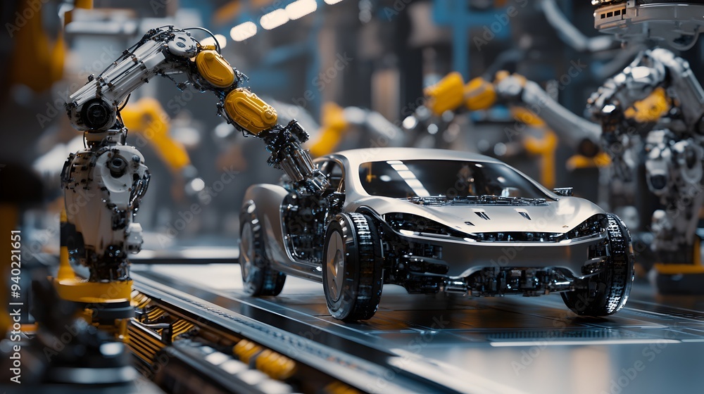 Fototapeta premium Advanced Robotic Assembly Line in Modern Automotive Manufacturing Facility