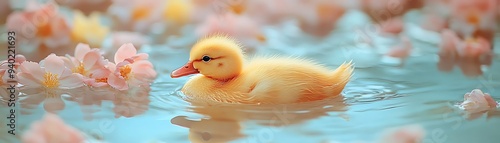 Duckling floating peacefully in a pastelcolored pool surrounded by pink and yellow flowers photo