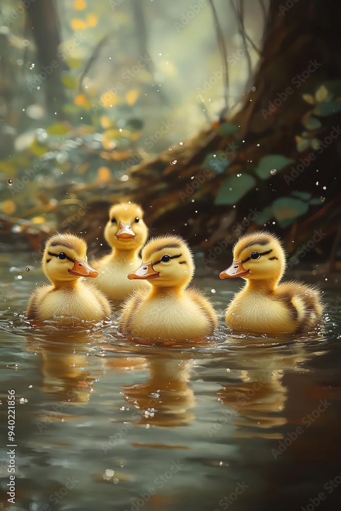 Five cute ducklings paddling in a calm pond, reflecting the beauty of nature Five cute ducklings paddling in a calm pond, reflecting the beauty of nature