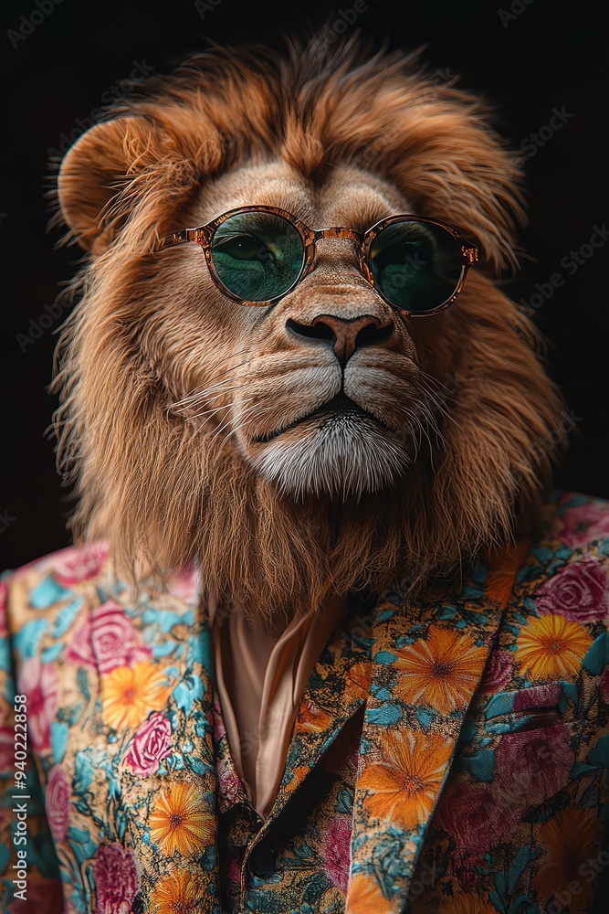 Lion dressed in a floral suit and sunglasses, stylish and surreal, dark background Lion dressed in a floral suit and sunglasses, stylish and surreal, dark background
