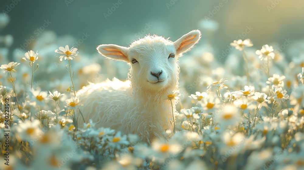 Paper goat in a field of white flowers, soft green and blue tones, peaceful and natural setting Paper goat in a field of white flowers, soft green and blue tones, peaceful and natural setting