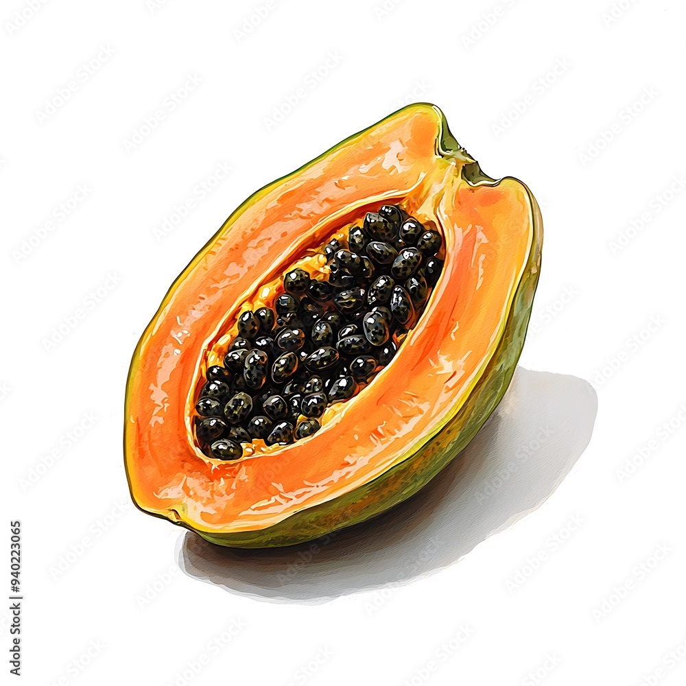 A Fresh Half-Cut Papaya with Seeds, Isolated on a Clean White Background A Fresh Half-Cut Papaya with Seeds, Isolated on a Clean White Background