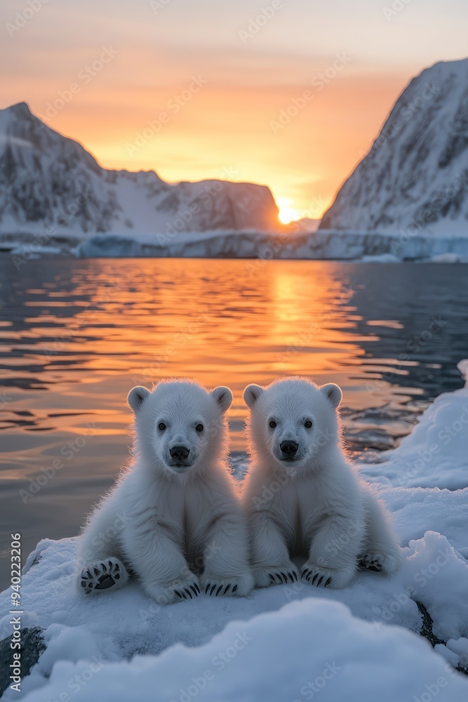 Polar bear cubs playing on snow with mountains and a frozen lake in the background at sunset Polar bear cubs playing on snow with mountains and a frozen lake in the background at sunset