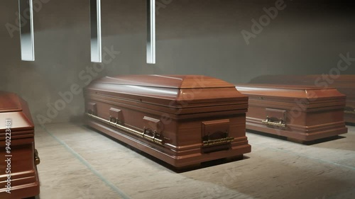 Animation Of Wooden Coffins Standing On The Stone Floor Before The Funeral Animation Of Solid Wooden Coffins With Decorative Golden Handles Standing On The Stone Floor Before The Funeral Ceremony