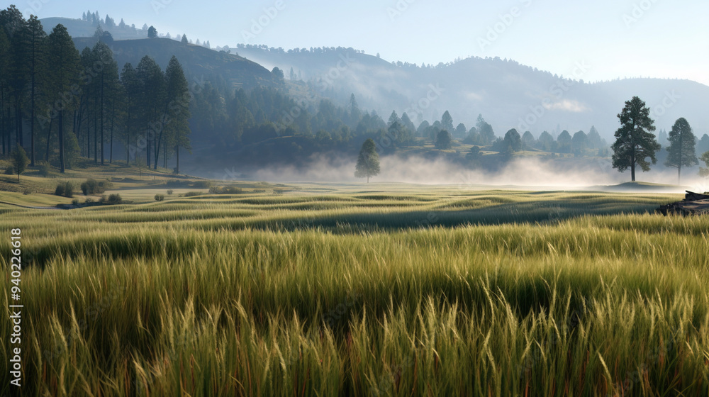 Serene Morning Landscape with Fog and Grass Serene Morning Landscape with Fog and Grass