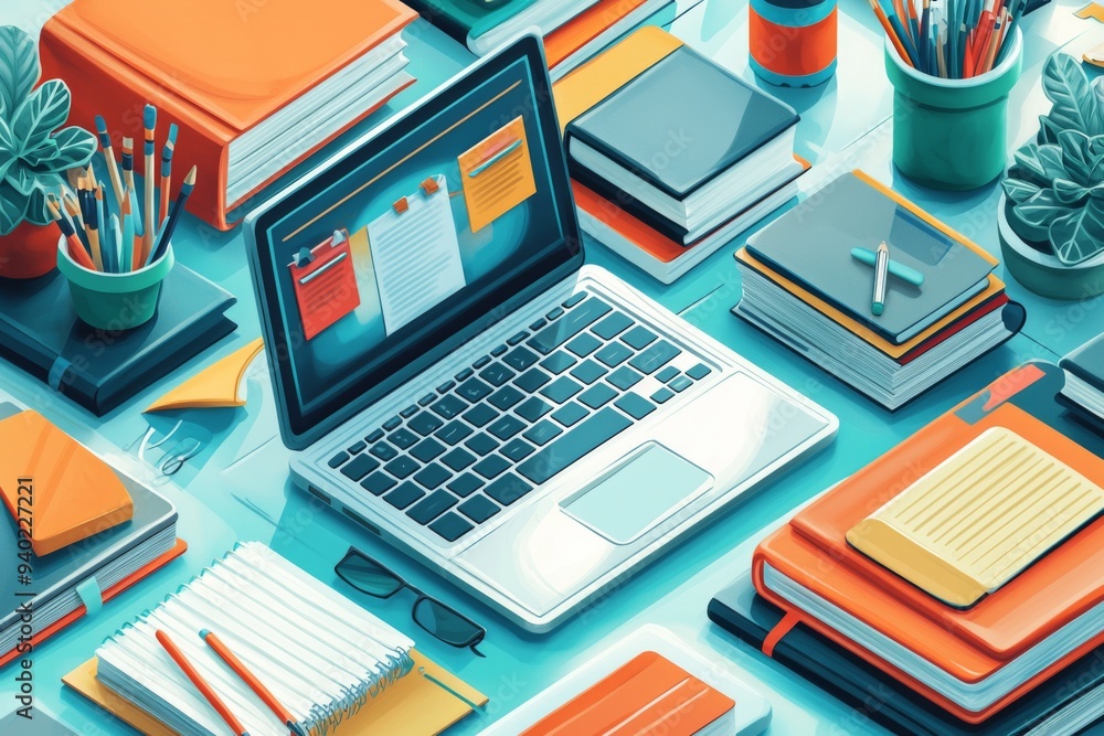 Illustration of educational learning tools set on table created with Generative AI Illustration of educational learning tools set on table created with Generative AI