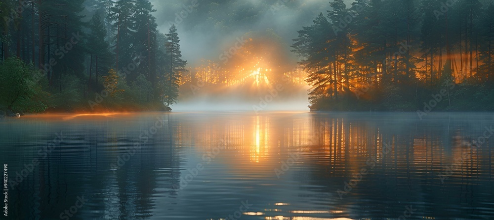 a body of water with trees and fog. a body of water with trees and fog.