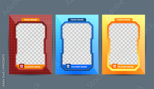 Set of card templates with rectangular frames displaying team and player names. Ideal for creating game sports card template