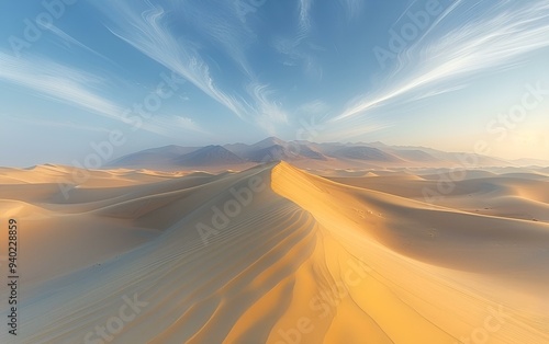 a sandy desert with mountains in the background. 