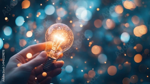 Sparkling Inspiration: A Hand Holds a Glowing Light Bulb Against a Bokeh Background