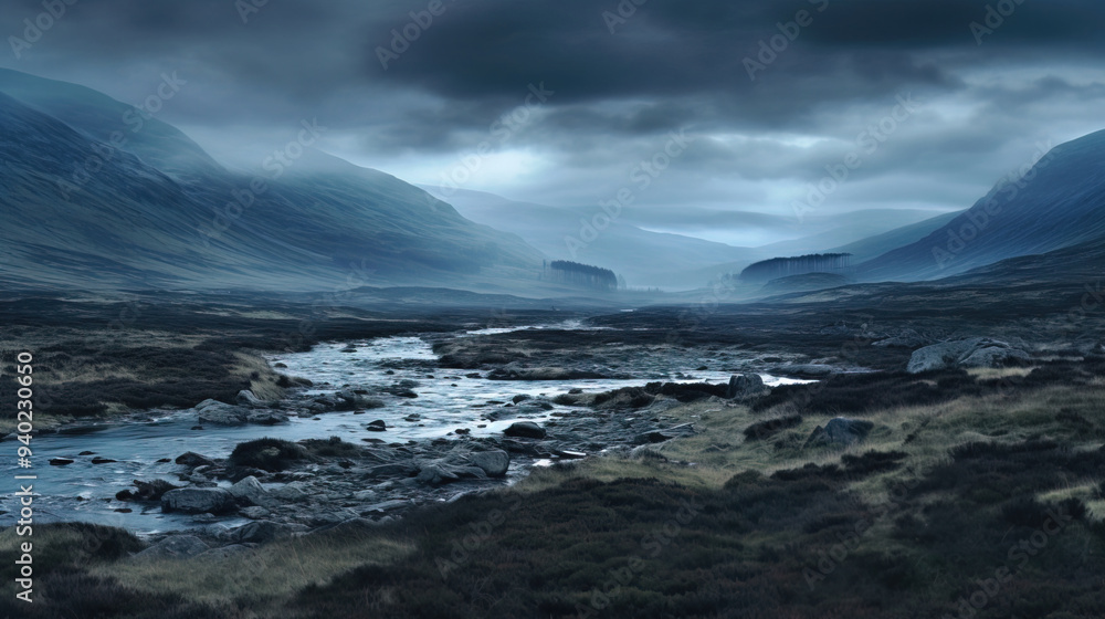 Serene River Flowing Through Misty Scottish Highlands Serene River Flowing Through Misty Scottish Highlands