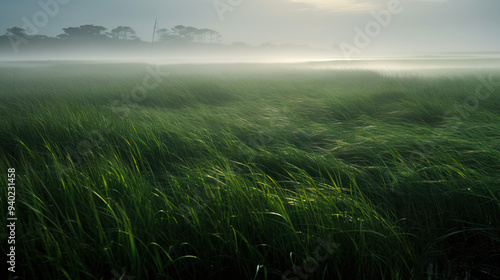 Serene Landscape: Foggy Field with Sunlit Grass photo