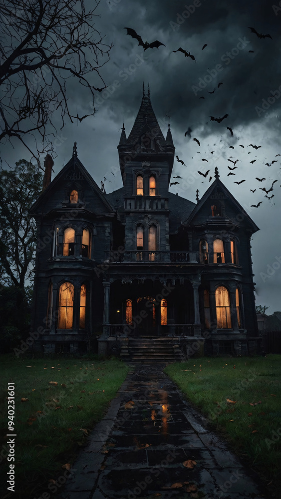 dark, gothic mansion with broken windows, cobwebs, and bats flying overhead, set against a stormy night dark, gothic mansion with broken windows, cobwebs, and bats flying overhead, set against a stormy night