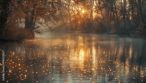 a body of water with trees and fog. 