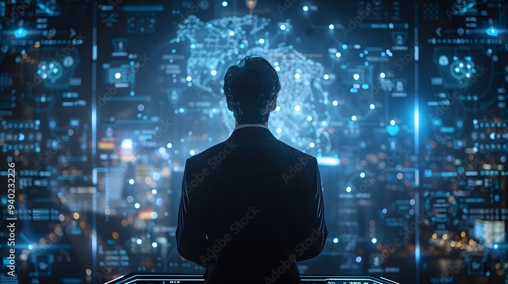 Businessman presenting futuristic business world metaverse graphic. In the form of innovation in digital business processing technology, innovation of the 21st century Businessman presenting futuristic business world metaverse graphic. In the form of innovation in digital business processing technology, innovation of the 21st century