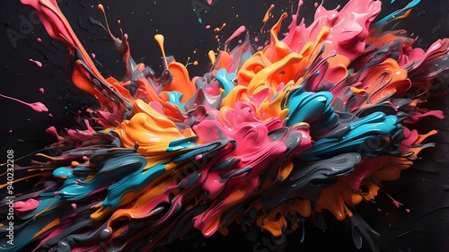  A chaotic explosion of neon paint splashes in various shades, creating a vibrant, high-energy design against a pitch-black background.  photo