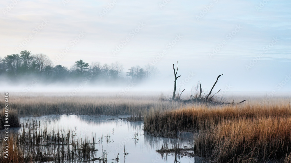 Misty Morning Landscape with Trees and Water Misty Morning Landscape with Trees and Water