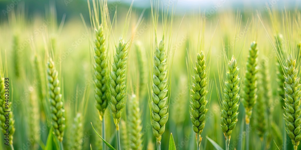 Green wheat ears standing tall in a lush field , agriculture, harvest, organic, growth, farm, countryside, nature, rural, ripe Green wheat ears standing tall in a lush field , agriculture, harvest, organic, growth, farm, countryside, nature, rural, ripe