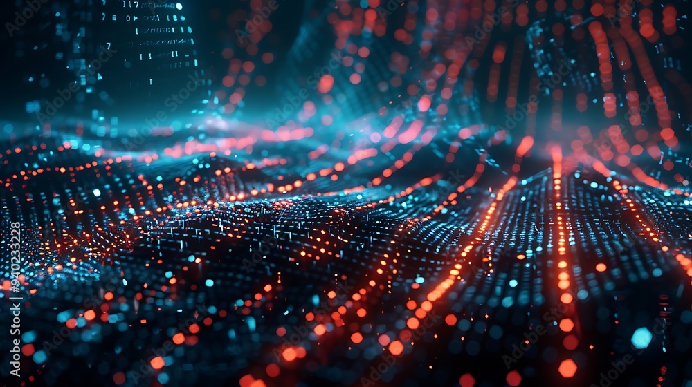 Abstract digital landscape with red and blue lights, creating a futuristic and vibrant visual. Abstract digital landscape with red and blue lights, creating a futuristic and vibrant visual.