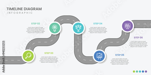Infographic template for business. Steps Modern Timeline diagram with road journey concept, presentation
