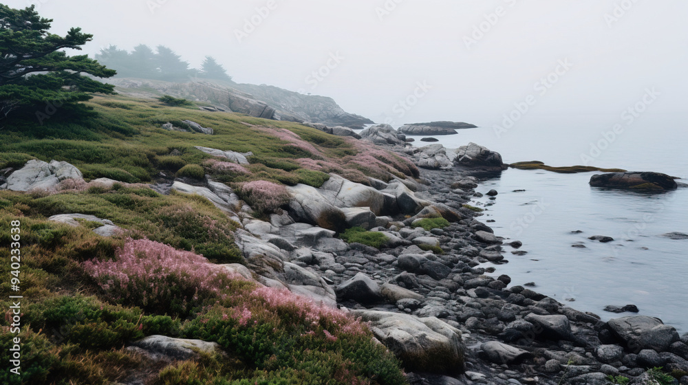 Serene Coastal Landscape with Fog and Rocks Serene Coastal Landscape with Fog and Rocks