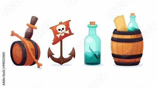 Discover modern piratethemed icons like anchors and rum flasks, ideal for games and adventurous designs. Unleash creativity photo