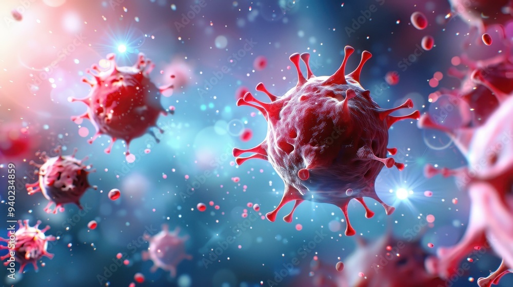 Stunning illustration showcases realistic virus particles set against a smooth medical backdrop with perfect textures. Stunning illustration showcases realistic virus particles set against a smooth medical backdrop with perfect textures.