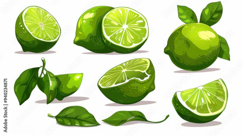 A vibrant depiction of whole and cut limes, surrounded by fresh green leaves, ideal for brightening up your project. A vibrant depiction of whole and cut limes, surrounded by fresh green leaves, ideal for brightening up your project.