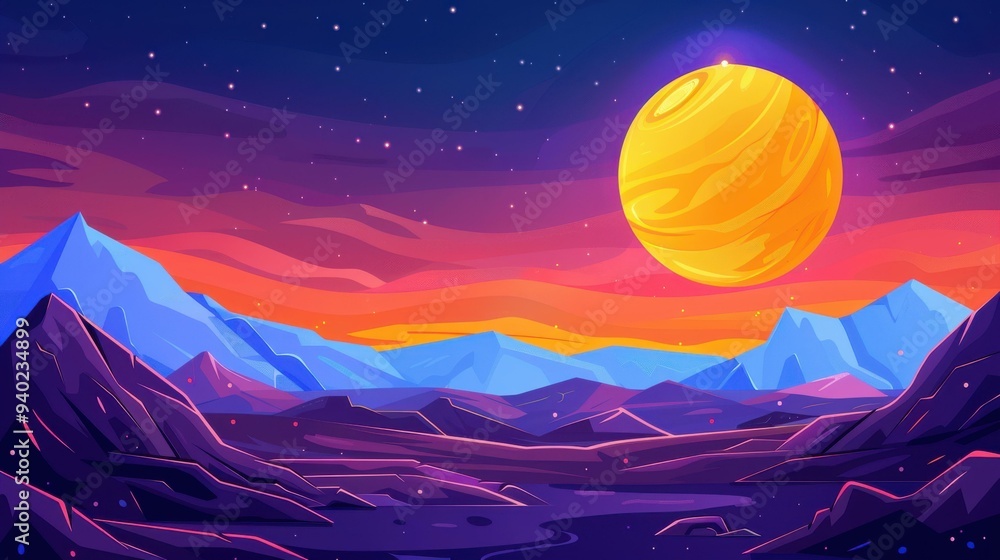 Obraz premium Explore a dreamlike realm where glowing pulsars illuminate the night, depicted through stunning modern illustrations and textures.