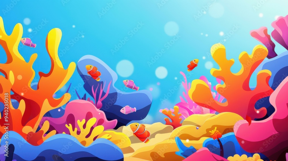 Fototapeta premium Experience a vibrant underwater realm filled with colorful fish and beautiful coral in a stunning flat illustration style.