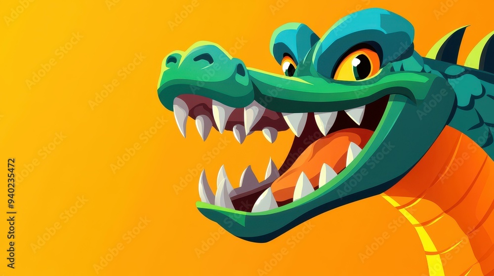 Vibrant cartoon alligator grins wide, highlighting its sharp teeth in a striking modern art style. Vibrant cartoon alligator grins wide, highlighting its sharp teeth in a striking modern art style.