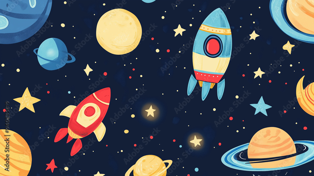 Rockets Planets Stars and Aliens in a Playful Outer Space Design Rockets Planets Stars and Aliens in a Playful Outer Space Design