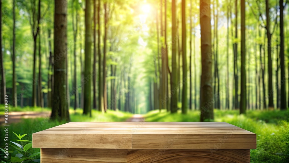 Wooden podium in nature with green trees in the background, podium, wooden, round, realistic, , forest Wooden podium in nature with green trees in the background, podium, wooden, round, realistic, , forest