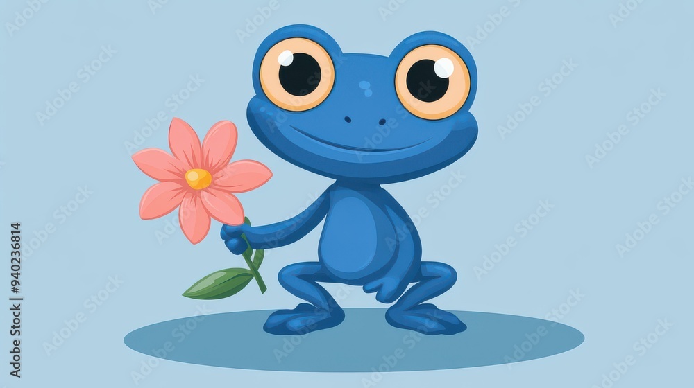 Fototapeta premium A whimsical blue frog and pink flower artwork, perfect for adding a playful touch to any space with vibrant colors.