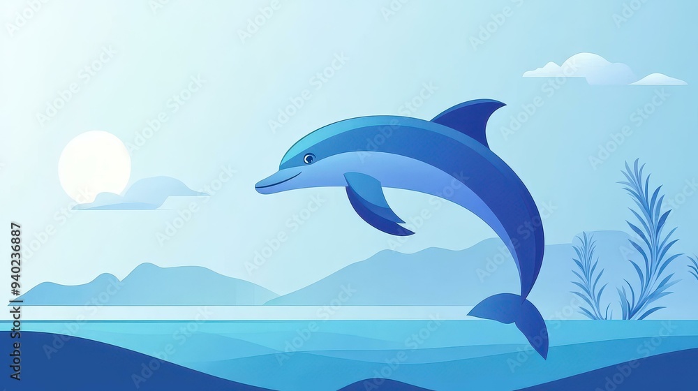 Obraz premium Delight in the charm of a playful dolphin leap, artistically crafted in a minimalist cartoon style for a sleek look.