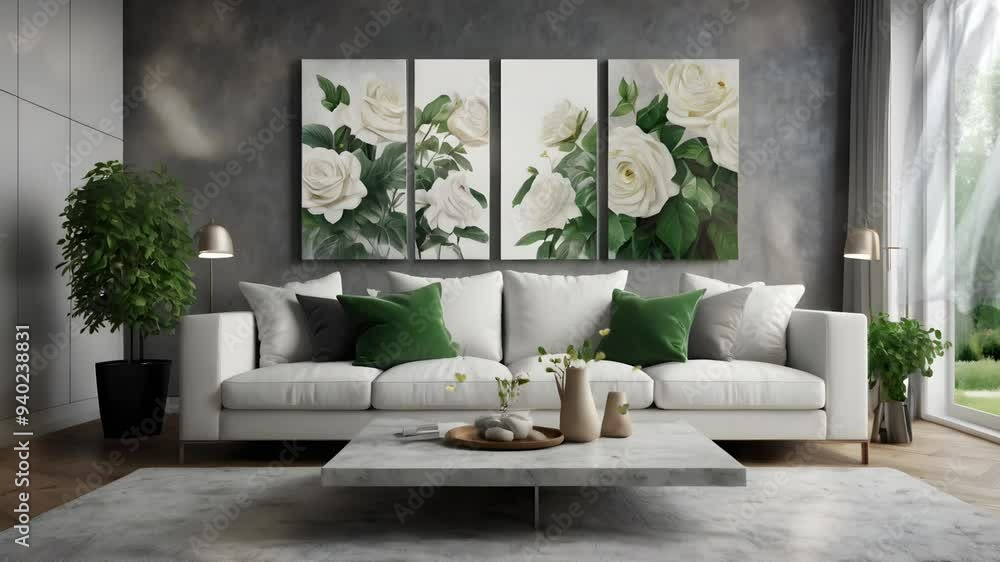 Living room decoration with green plant theme, white sofa with green pillows, there are plant paintings on the wall. Seamless 4K looping timelapse video animation background Living room decoration with green plant theme, white sofa with green pillows, there are plant paintings on the wall. Seamless 4K looping timelapse video animation background