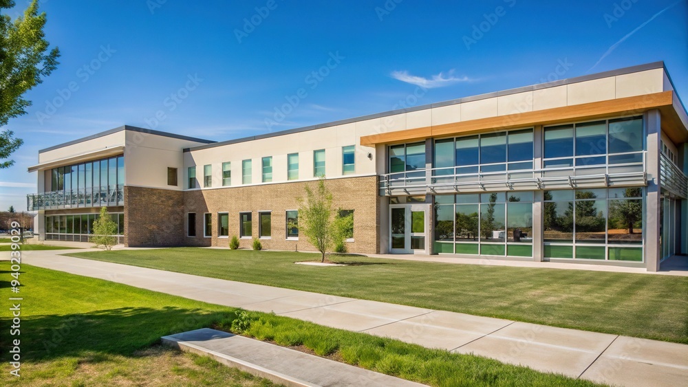 A clean modern educational building exterior features a sleek façade, glass walls, and a bold color scheme, creating a vibrant learning environment. A clean modern educational building exterior features a sleek façade, glass walls, and a bold color scheme, creating a vibrant learning environment.